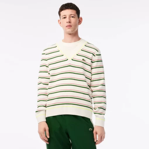 Lacoste Knitwear-Men'S Striped French Made V-Neck Sweater