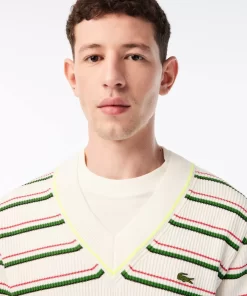 Lacoste Knitwear-Men'S Striped French Made V-Neck Sweater