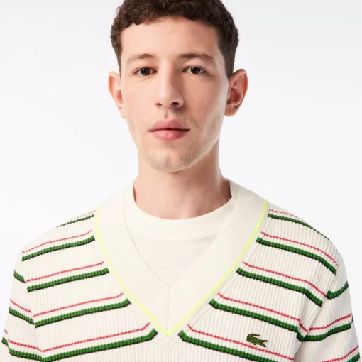 Lacoste Knitwear-Men'S Striped French Made V-Neck Sweater