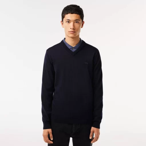 Lacoste Knitwear-Men'S V-Neck Merino Wool Sweater