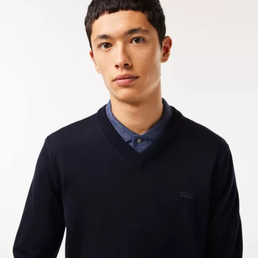 Lacoste Knitwear-Men'S V-Neck Merino Wool Sweater