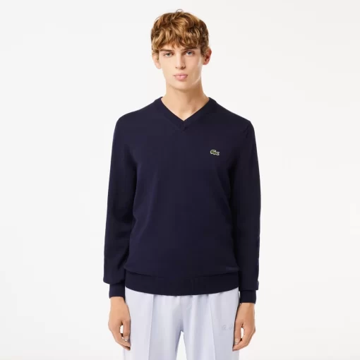 Lacoste Knitwear-Men'S V-Neck Organic Cotton Sweater