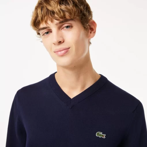 Lacoste Knitwear-Men'S V-Neck Organic Cotton Sweater