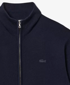 Lacoste Knitwear-Men'S Zippered Stand-Up Neck Wool Cardigan