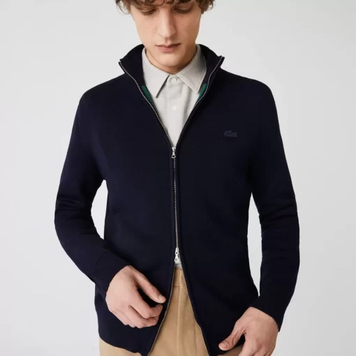 Lacoste Knitwear-Men'S Zippered Stand-Up Neck Wool Cardigan