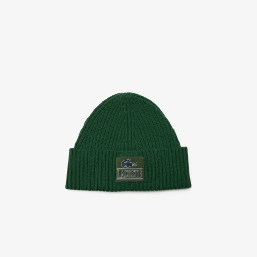 Lacoste Caps & Hats-Ribbed Wool Woven Patch Beanie