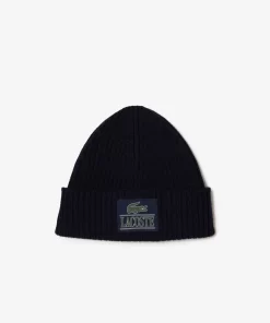 Lacoste Caps & Hats-Ribbed Wool Woven Patch Beanie