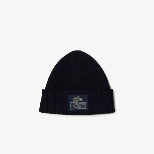 Lacoste Caps & Hats-Ribbed Wool Woven Patch Beanie