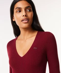 Lacoste Knitwear-Seamless Ribbed V Neck Sweater