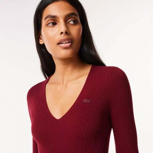 Lacoste Knitwear-Seamless Ribbed V Neck Sweater