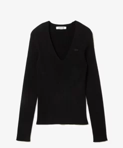 Lacoste Knitwear-Seamless Ribbed V Neck Sweater