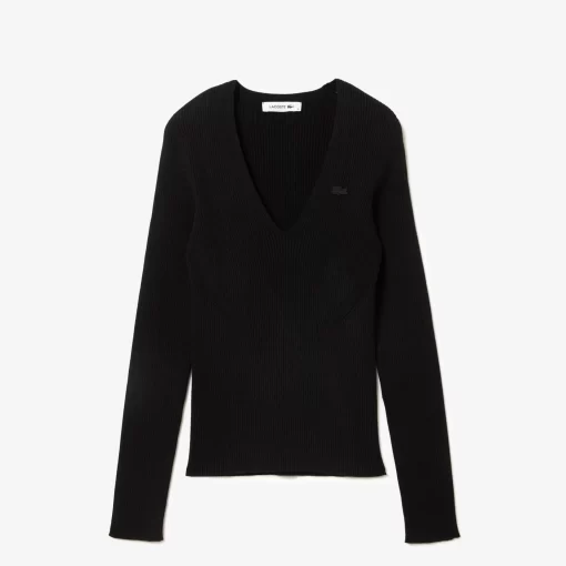 Lacoste Knitwear-Seamless Ribbed V Neck Sweater