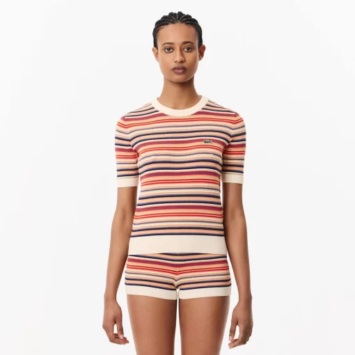 Lacoste Knitwear-Short Sleeved Striped Cotton Sweater