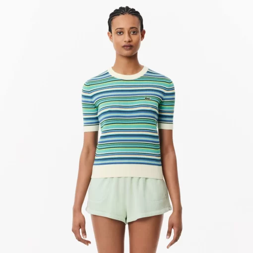 Lacoste Knitwear-Short Sleeved Striped Cotton Sweater