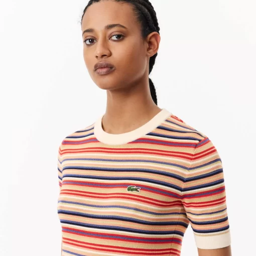 Lacoste Knitwear-Short Sleeved Striped Cotton Sweater