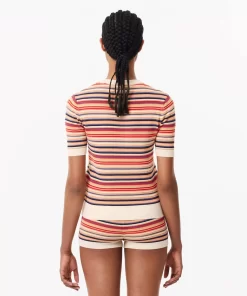 Lacoste Knitwear-Short Sleeved Striped Cotton Sweater