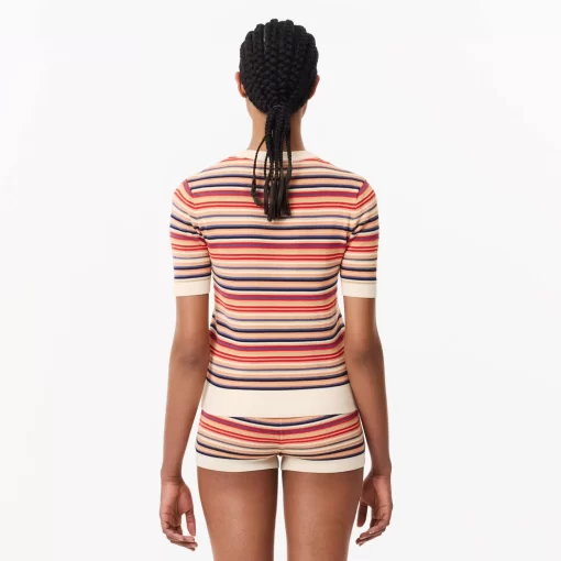 Lacoste Knitwear-Short Sleeved Striped Cotton Sweater