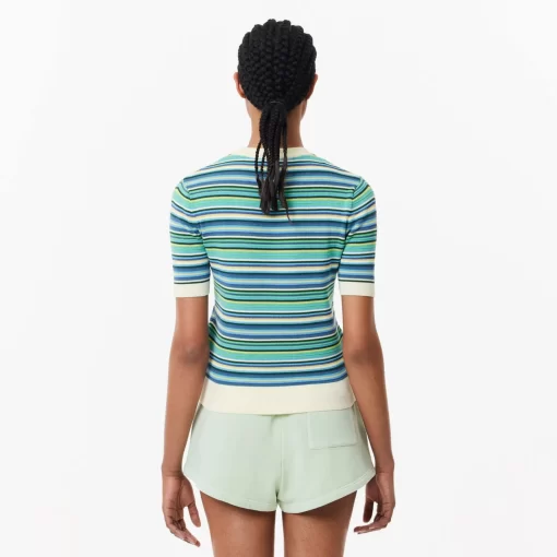 Lacoste Knitwear-Short Sleeved Striped Cotton Sweater