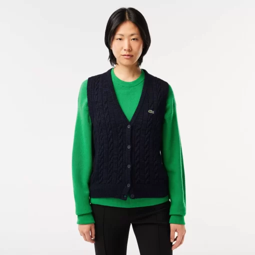 Lacoste Knitwear-Sleeveless Cable Knit Cotton And Wool Blend Vest