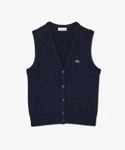 Lacoste Knitwear-Sleeveless Cable Knit Cotton And Wool Blend Vest