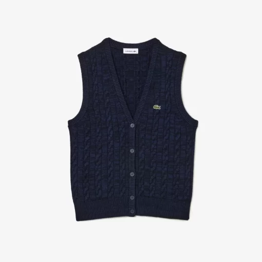 Lacoste Knitwear-Sleeveless Cable Knit Cotton And Wool Blend Vest