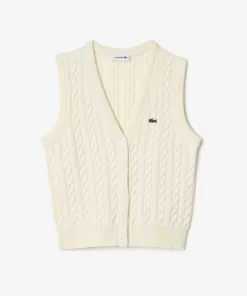 Lacoste Knitwear-Sleeveless Cable Knit Cotton And Wool Blend Vest