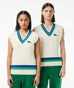 Lacoste Knitwear-Sleeveless Cable Knit Striped Sweater