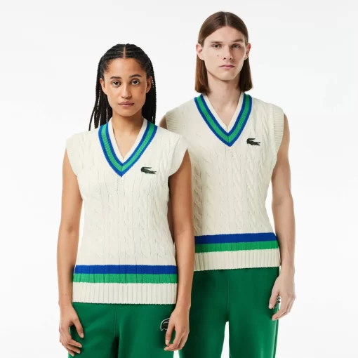 Lacoste Knitwear-Sleeveless Cable Knit Striped Sweater