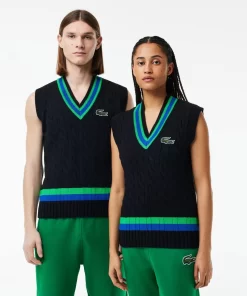 Lacoste Knitwear-Sleeveless Cable Knit Striped Sweater