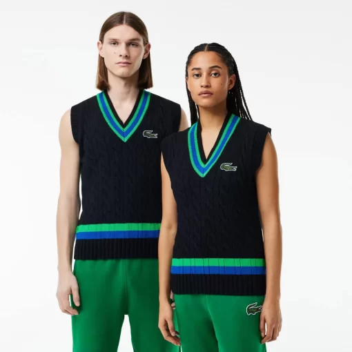 Lacoste Knitwear-Sleeveless Cable Knit Striped Sweater