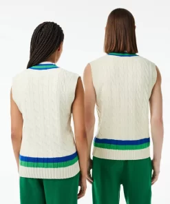 Lacoste Knitwear-Sleeveless Cable Knit Striped Sweater