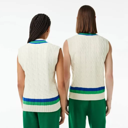 Lacoste Knitwear-Sleeveless Cable Knit Striped Sweater