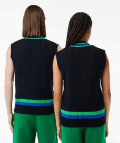 Lacoste Knitwear-Sleeveless Cable Knit Striped Sweater