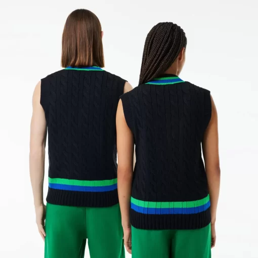 Lacoste Knitwear-Sleeveless Cable Knit Striped Sweater