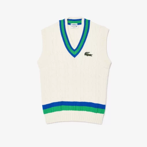 Lacoste Knitwear-Sleeveless Cable Knit Striped Sweater