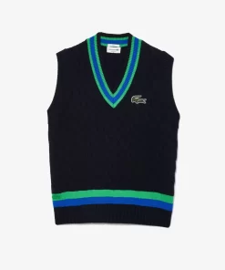 Lacoste Knitwear-Sleeveless Cable Knit Striped Sweater