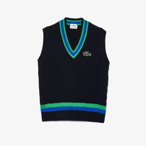 Lacoste Knitwear-Sleeveless Cable Knit Striped Sweater