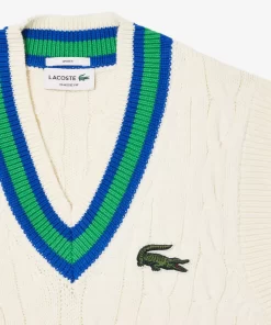 Lacoste Knitwear-Sleeveless Cable Knit Striped Sweater