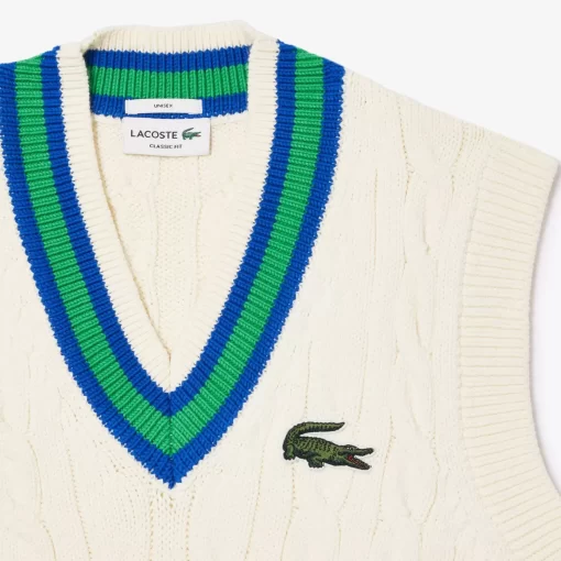 Lacoste Knitwear-Sleeveless Cable Knit Striped Sweater