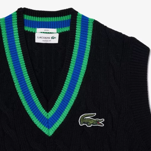 Lacoste Knitwear-Sleeveless Cable Knit Striped Sweater