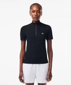 Lacoste Polo Shirts-Slim Fit Flat Ribbed High Zip Neck Polo Shirt