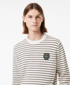 Lacoste Knitwear-Striped Cotton Badge Crew Neck Sweater