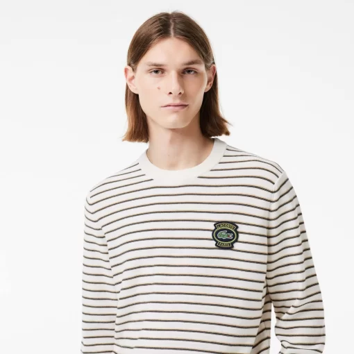 Lacoste Knitwear-Striped Cotton Badge Crew Neck Sweater