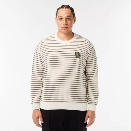 Lacoste Knitwear-Striped Cotton Badge Crew Neck Sweater