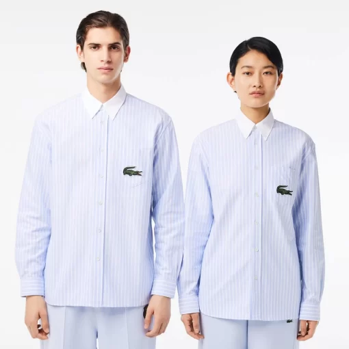 Lacoste Shirts & Tops-Striped Maxi Croc Contrast Collar Cotton Oxford Shirt