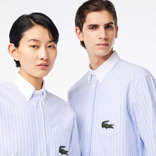 Lacoste Shirts & Tops-Striped Maxi Croc Contrast Collar Cotton Oxford Shirt