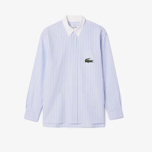 Lacoste Shirts & Tops-Striped Maxi Croc Contrast Collar Cotton Oxford Shirt