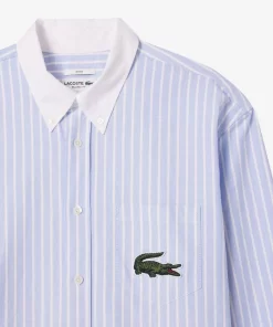 Lacoste Shirts & Tops-Striped Maxi Croc Contrast Collar Cotton Oxford Shirt