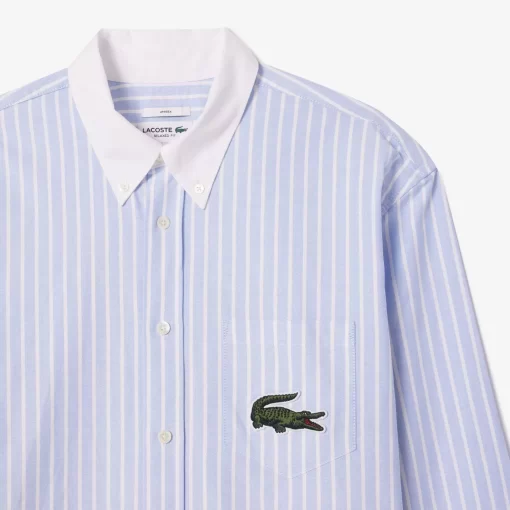 Lacoste Shirts & Tops-Striped Maxi Croc Contrast Collar Cotton Oxford Shirt