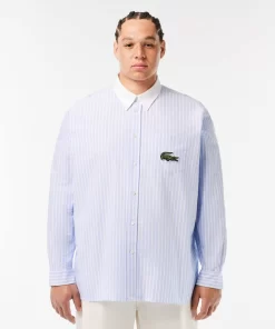 Lacoste Shirts & Tops-Striped Maxi Croc Contrast Collar Cotton Oxford Shirt